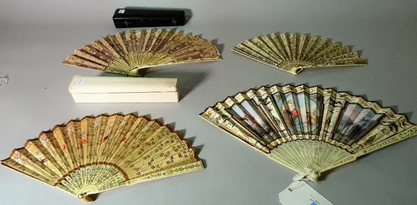 A group of four fans, 19th century, ivory and lace, cased. (a.f.).