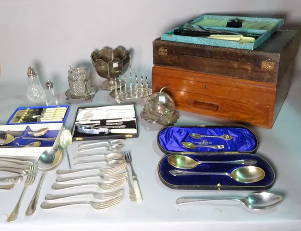 A quantity of assorted silver plated wares, including a canteen, flatware, toast rack and sundry, (qty).