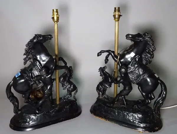 A pair of modern spelter table lamps, formed as Marley horses, 51cm high, (2).