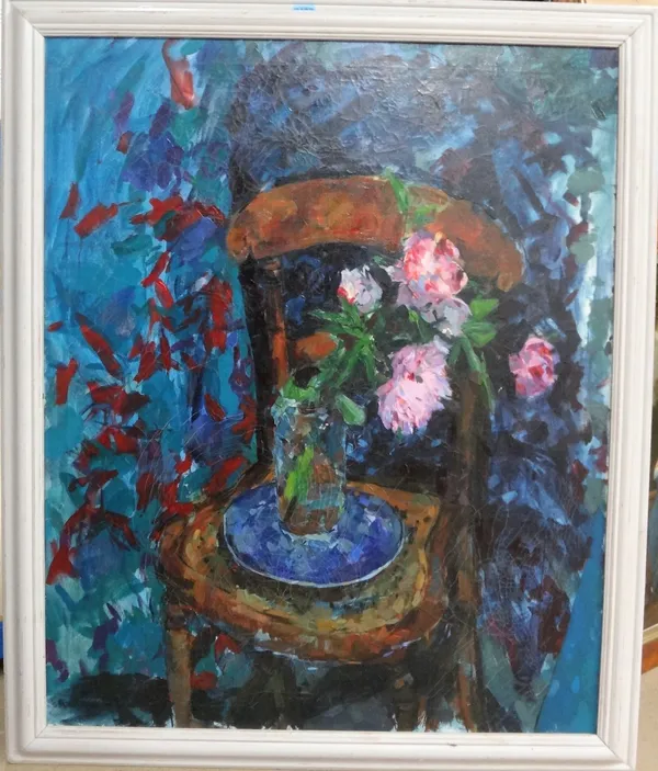 British School (late 20th century), Still life of flowers on a chair, oil on canvas, 95cm x 77cm.