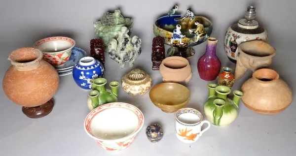 Asian ceramics, including a 19th century Japanese satsuma bowl and cover, a pair of green glaze vases, a hardstone vase and sundry. (qty)