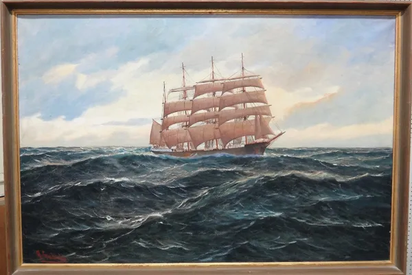 Alfred Gabali, (1886-1963), Clipper at sea, oil on canvas, signed, 59cm x 89cm; together with four nautical pictures and prints and a signed print by