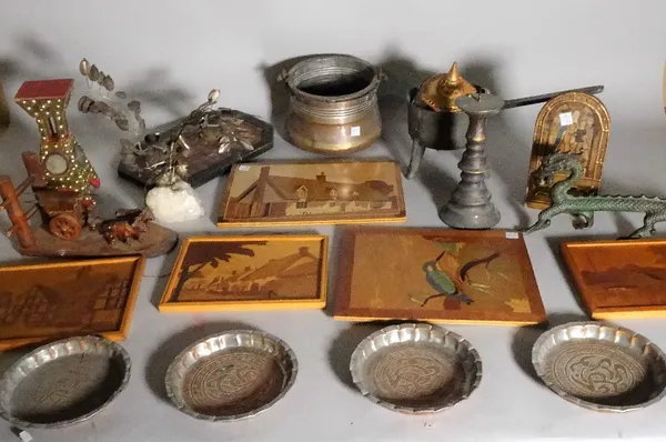 Collectables including a brass galleried tray, a quantity of hardwood Asian figures, a group of specimen wood pictures and sundry. (qty)