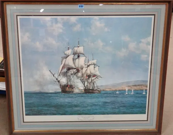 Montague Dawson (British, 1890-1973), The smoke of battle, colour reproduction, signed in pencil, 65cm x 77cm.