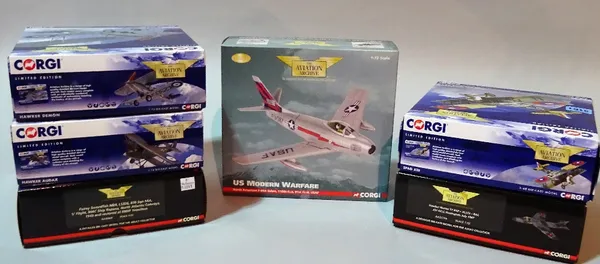 Toys, Corgi Aviation archive: a group of 6 1/72 scale models comprising, 'NORTH AMERICA F-86A SABRE', 'HAWKER HUNTER T7 RAF', 'SPAD XIII', 'HAWKER DEM