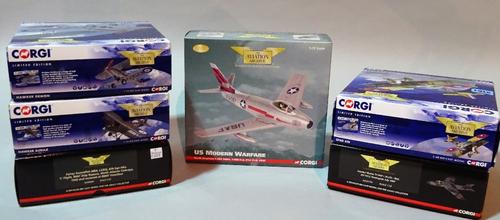 Toys, Corgi Aviation archive: a group of 6 1/72 scale models comprising, 'NORTH AMERICA F-86A SABRE', 'HAWKER HUNTER T7 RAF', 'SPAD XIII', 'HAWKER DEM