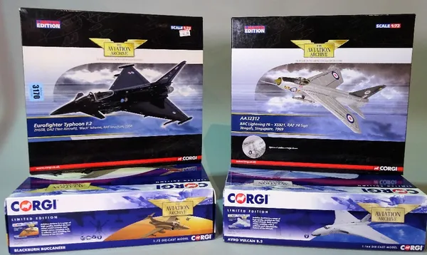 Toys, Corgi Aviation archive: a group of 4 1/72 scale models comprising, 'EUROFIGHTER TYPHOON F.2', 'BAC LIGHTNING F6', 'AERO VULCAN B.2' and 'BLACKBU