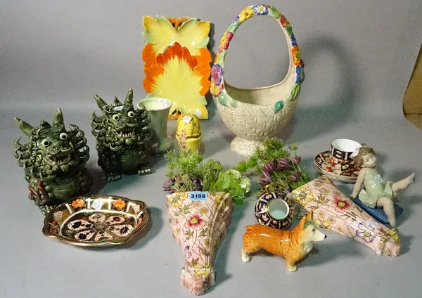 Ceramics, including; Clarice Cliff, Royal Crown Derby, Royal Winton wall pockets, modern Asian dragons and sundry. (qty)