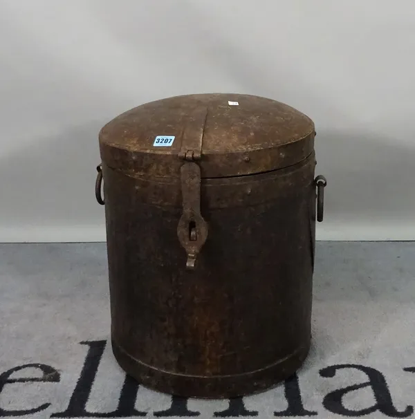 A modern metal cylindrical lift top box, 40cm wide x 45cm high.