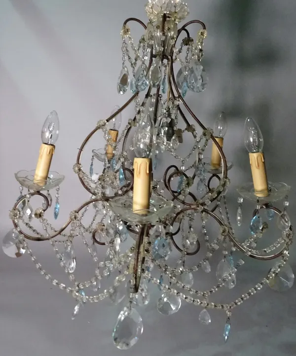 A Victorian style glass and metal five branch chandelier, 56cm wide x 55cm high.