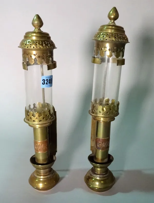 A pair of early 20th century brass 'GWR' wall lights, 29cm high.