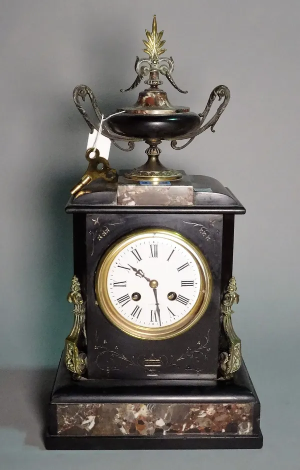 A 19th century gilt metal mounted black slate and marble mantel clock, with urn finial, 45cm high.