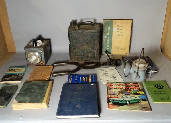 Automobilia, a 'Pratts' petrol can, assorted car books, torch and sundry.