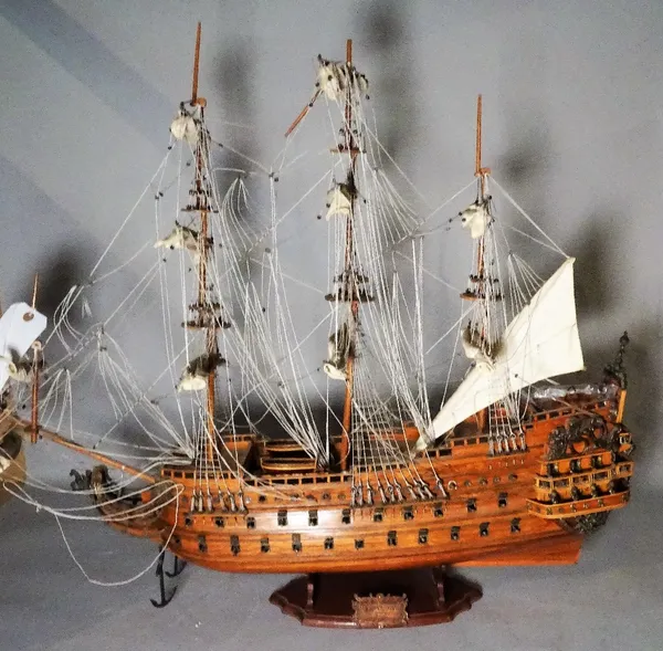 'LE SOLEIL Royal 1669', a modern wooden model of a triple mast ship, 90cm wide x 80cm high.