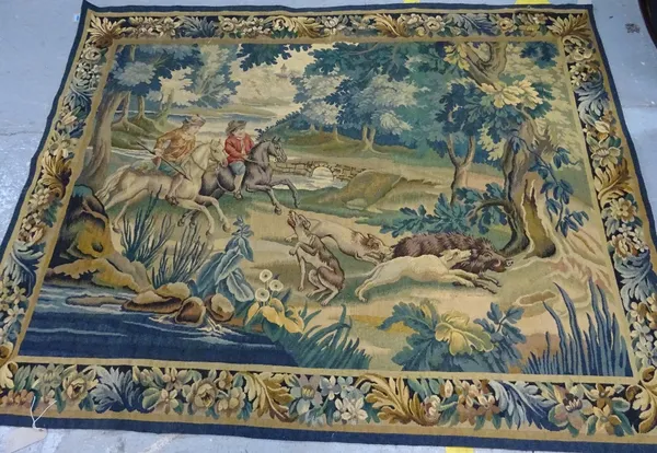 A tapestry wall panel depicting riders in a landscape with dogs, 165cm x 206cm.