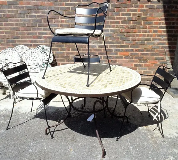 A modern black painted metal garden table, with inset mosaic top, 120cm diameter x 73cm high, and a set of four matching open armchairs, 58cm wide x 7