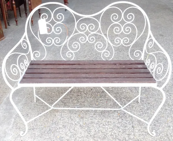 A modern white painted metal wirework garden bench, 110cm wide x 95cm high.