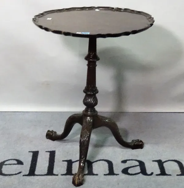 An 18th century style mahogany tripod table, with pie crust top over turned column supports, 54cm diameter x 69cm high.