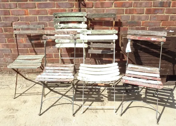 A set of six early 20th century metal and hardwood folding chairs, 40cm wide x 80cm high. (6)