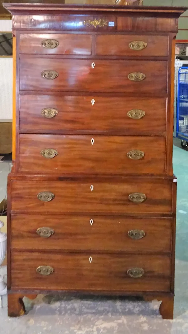 A late George III mahogany chest on chest, with two short over six long graduated drawers, on bracket feet, 109cm wide x 191cm high.