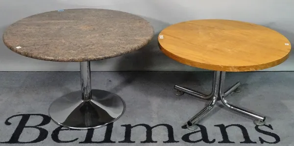 A modern marble circular low side table, on chrome base, 70cm diameter x 43cm high, and another hardwood circular low table, on four chrome supports,