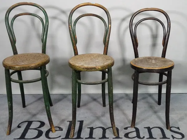 A matched set of three early 20th century bentwood high chairs, 33cm wide x 93cm high. (3)