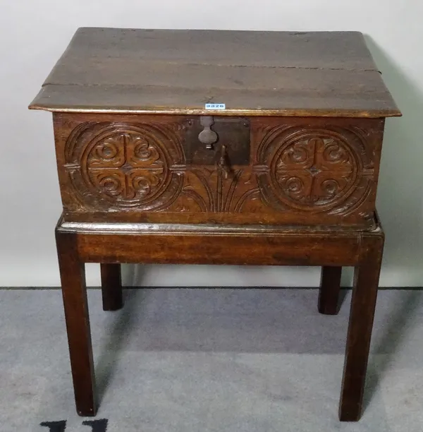 An 18th century and later oak lift top bible box on stand, 60cm wide x 69cm high.