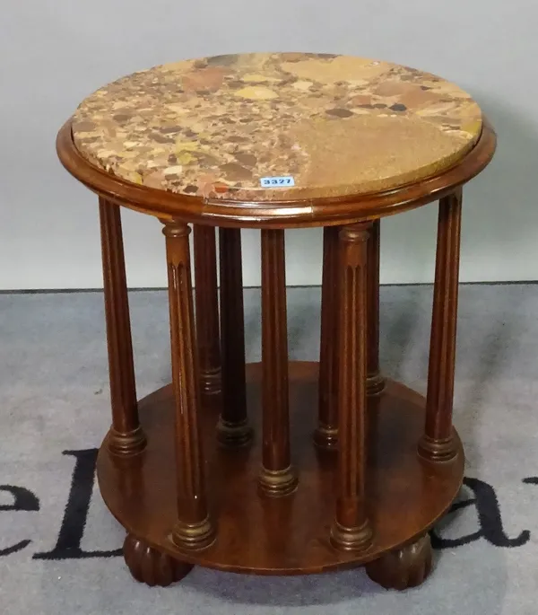 An early 20th century stained beech marble topped circular revolving side table, on fluted supports, 48cm diameter x 53cm high.