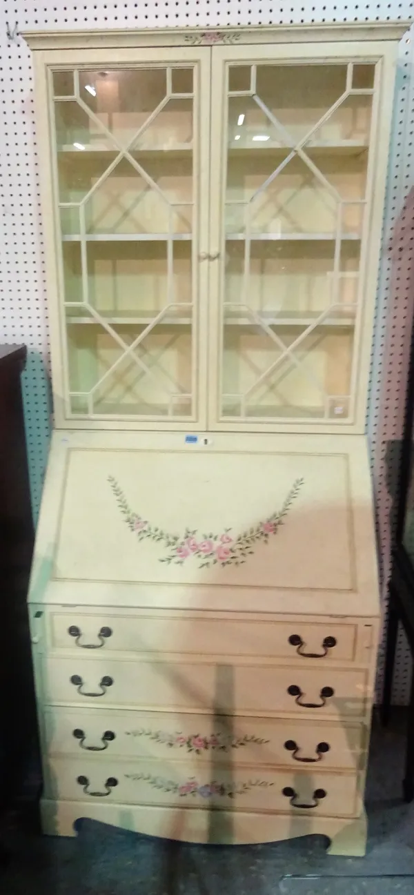 A modern cream painted bureau bookcase, the glazed doors over four long graduated drawers, 80cm wide x 192cm high.