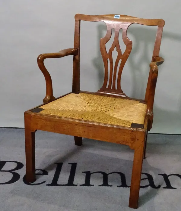 A George III mahogany framed open armchair, on block supports, 60cm wide x 90cm high.