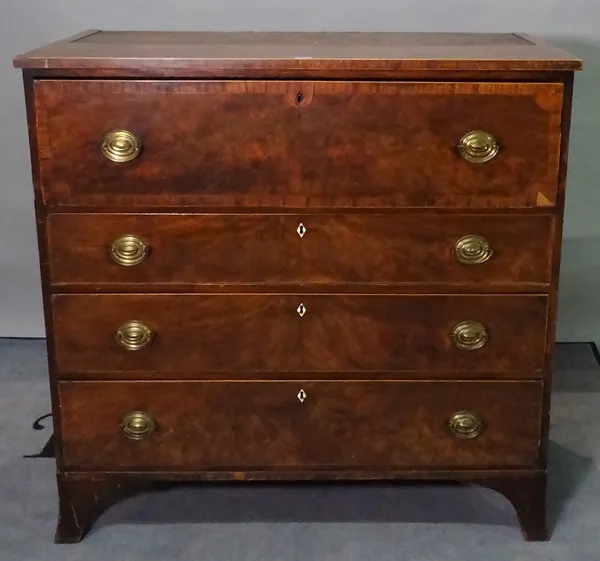 A late George III mahogany secretaire chest, of four long graduated drawers on splayed bracket feet, 110cm wide x 108cm high.