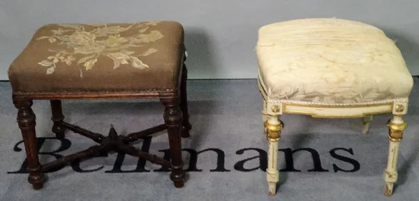 A Victorian oak rectangular stool, with upholstered top, on turned and fluted supports, united by X-frame stretcher, 52cm wide x 38cm deep x 46cm high