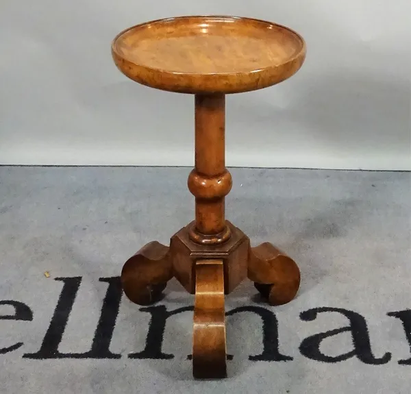 An early 20th century stained beech and fruitwood wine table, with dished top, 30cm wide x 51cm high.