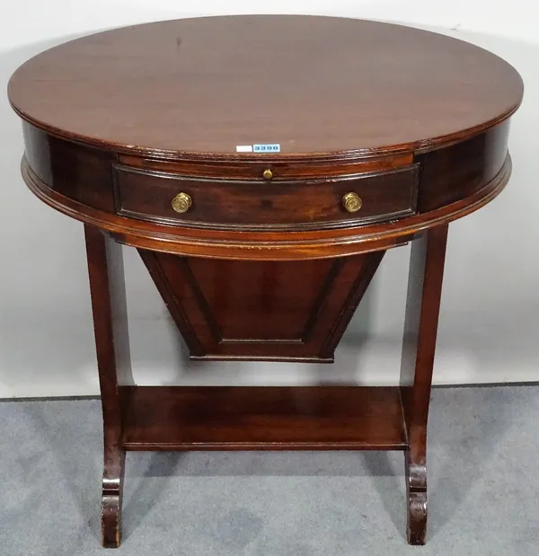 A late Edwardian mahogany single drawer work table, 71cm wide x 75cm high.