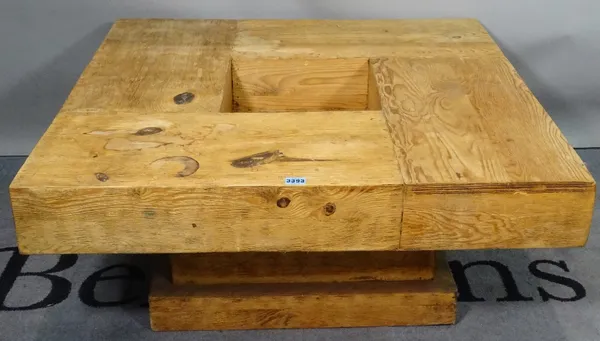 A modern oak square coffee table, on plinth base, 90cm wide x 40cm high.