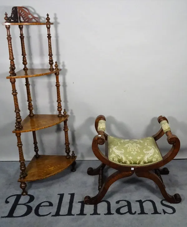 A Victorian style inlaid mahogany four tier corner whatnot, on turned supports, 50cm wide x 139cm high, and a Regency style stained beech X-frame foot