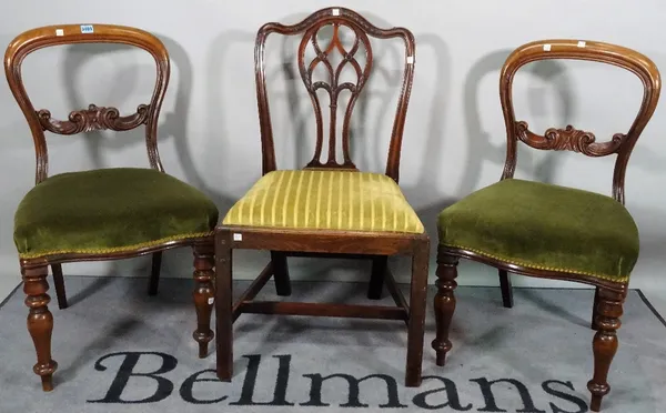 A set of four Victorian mahogany dining chairs, on turned supports, 50cm wide x 86cm high, and a late George III mahogany dining chair, 53cm wide x 92