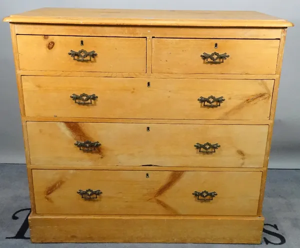 A modern pine chest, of two short and three long graduated drawers on plinth base, 104cm wide x 97cm high.