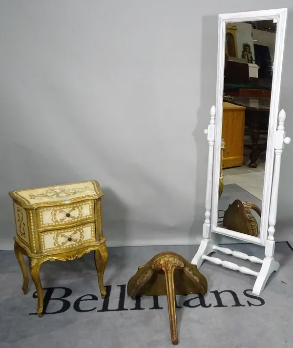 An early 20th century Italian white painted and parcel gilt decorated two drawer side table, 48cm wide x 61cm high, a modern gilt wood low console tab