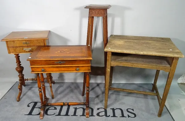 An early 20th century French stained beech single drawer work table, 47cm wide x 79cm high, an Edwardian mahogany work table, 57cm wide x 71cm high, a