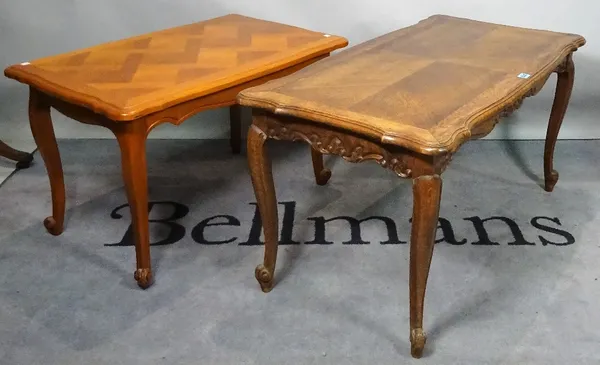 A modern French stained beech coffee table, 100cm wide x 49cm high, and another smaller, 79cm wide x 49cm high. (2)