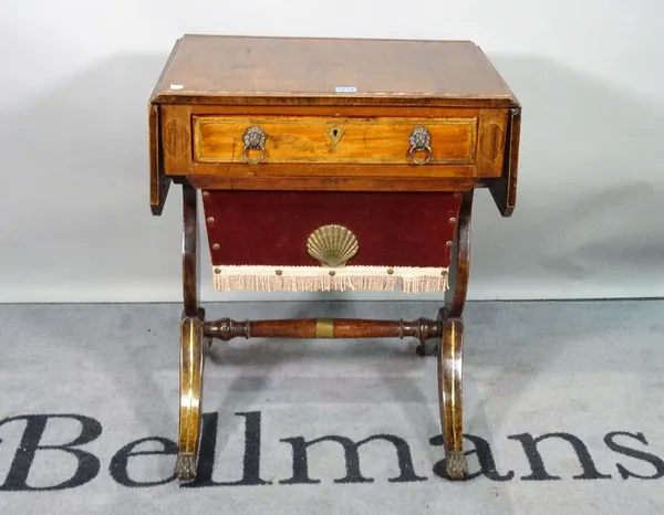 A Victorian mahogany and brass inlaid drop flap work table, 58cm wide x 72cm high.