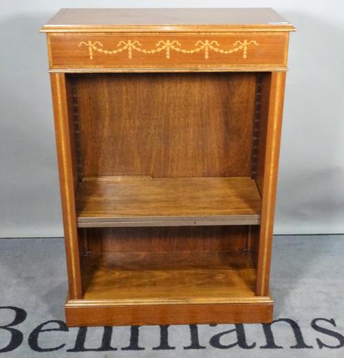 An Edwardian style inlaid mahogany three tier open bookcase, on plinth base, 69cm wide x 102cm high.