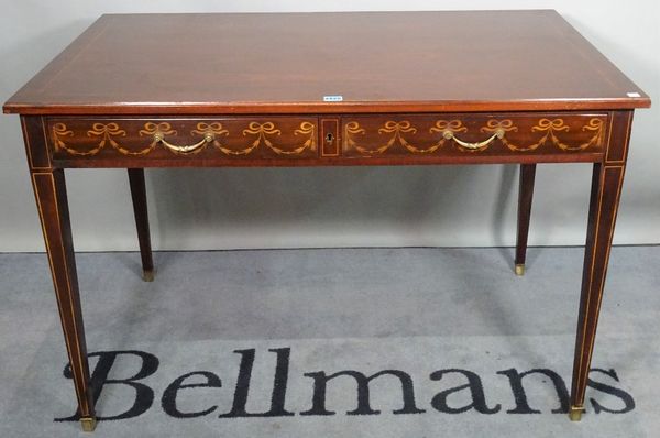 'INDUSTRIELLE FONCIERE', a George III inlaid style mahogany two drawer side table, on tapering square supports, 110cm wide x 74cm high.