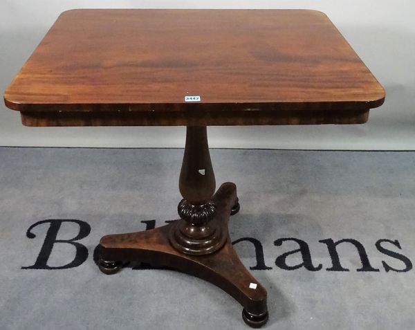 A 19th century mahogany rectangular side table, with turned column and trefoil base, 82cm wide x 73cm high.