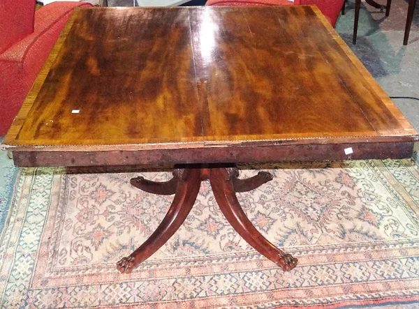 A 19th century mahogany and satinwood banded rectangular centre table, on four downswept claw supports, 130cm wide x 75cm high.
