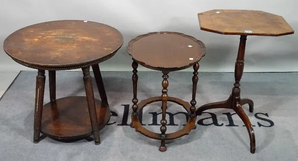 A George III and later mahogany tripod table, with octagonal top over three downswept supports, 44cm wide x 63cm high, a late Victorian mahogany oval