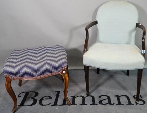 A 19th century mahogany framed open armchair, 58cm wide x 90cm high, and a 19th century French stained beech rectangular rectangular footstool, 59cm w