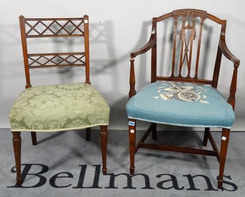 A late George III mahogany open armchair, on tapering square supports, 56cm wide x 89cm high, another similar dining chair, and another later barback