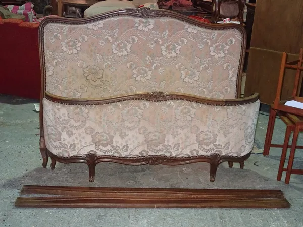 A French stained beech upholstered double bed, 146cm wide x 113cm high.